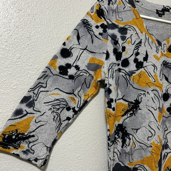 Shana Horse Print Top Small Gray Yellow Knit Cozy Soft Western - Picture 4 of 8